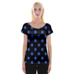 Polka Dots - Cerulean Blue on Black Women s Cap Sleeve Top