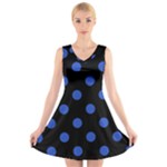 Polka Dots - Cerulean Blue on Black V-Neck Sleeveless Dress