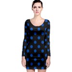 Polka Dots - Cobalt Blue on Black Long Sleeve Bodycon Dress