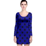 Polka Dots - Black on Dark Blue Long Sleeve Velvet Bodycon Dress