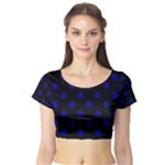 Polka Dots - Dark Blue on Black Short Sleeve Crop Top (Tight Fit)