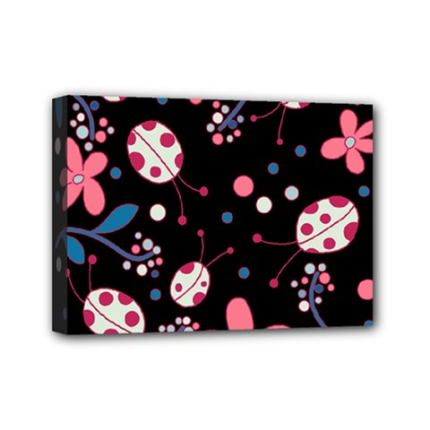 Pink ladybugs and flowers  Mini Canvas 7  x 5  from ArtsNow.com