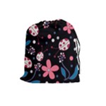 Pink ladybugs and flowers  Drawstring Pouches (Large) 