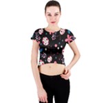 Pink ladybugs and flowers  Crew Neck Crop Top