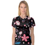 Pink ladybugs and flowers  Women s V-Neck Sport Mesh Tee