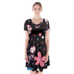 Pink ladybugs and flowers  Short Sleeve V-neck Flare Dress