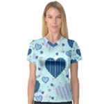 Light and Dark Blue Hearts Women s V-Neck Sport Mesh Tee