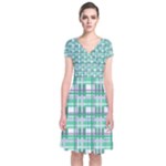 Green plaid pattern Short Sleeve Front Wrap Dress