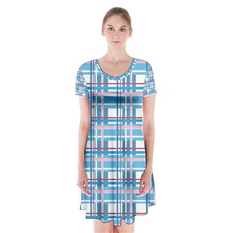 Blue plaid pattern Short Sleeve V