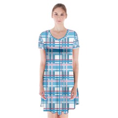 Blue plaid pattern Short Sleeve V