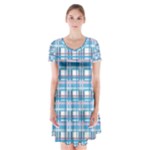 Blue plaid pattern Short Sleeve V-neck Flare Dress