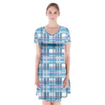 Blue plaid pattern Short Sleeve V-neck Flare Dress