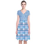 Blue plaid pattern Short Sleeve Front Wrap Dress