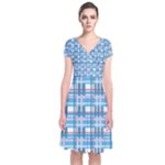 Blue plaid pattern Short Sleeve Front Wrap Dress