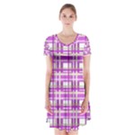 Purple plaid pattern Short Sleeve V-neck Flare Dress