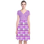 Purple plaid pattern Short Sleeve Front Wrap Dress