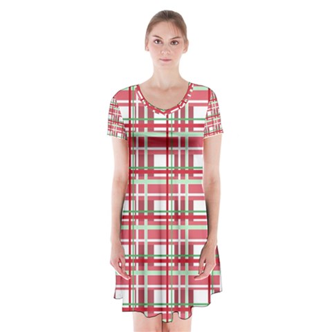 Red plaid pattern Short Sleeve V