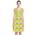 Yellow plaid pattern Short Sleeve Front Wrap Dress