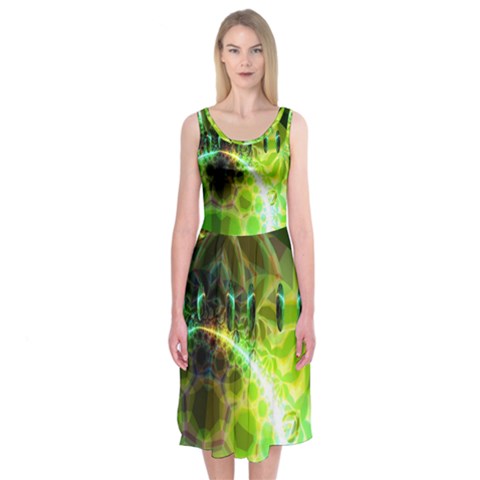 Dawn Of Time, Abstract Lime & Gold Emerge Midi Sleeveless Dress from ArtsNow.com