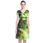 Dawn Of Time, Abstract Lime & Gold Emerge Short Sleeve Front Wrap Dress