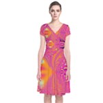 Magenta Boardwalk Carnival, Abstract Ocean Shimmer Short Sleeve Front Wrap Dress Magenta Boardwalk Carnival, Abstract Ocean Shimmer Short Sleeve Front Wrap Dress