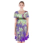 Sea Shell Spiral, Abstract Violet Cyan Stars Short Sleeve V-neck Flare Dress Sea Shell Spiral, Abstract Violet Cyan Stars Short Sleeve V-neck Flare Dress