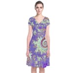 Sea Shell Spiral, Abstract Violet Cyan Stars Short Sleeve Front Wrap Dress