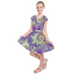 Sea Shell Spiral, Abstract Violet Cyan Stars Kids Short Sleeve Dress Sea Shell Spiral, Abstract Violet Cyan Stars Kids Short Sleeve Dress