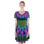 Star Of Leaves, Abstract Magenta Green Forest Short Sleeve V-neck Flare Dress Star Of Leaves, Abstract Magenta Green Forest Short Sleeve V-neck Flare Dress