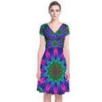 Star Of Leaves, Abstract Magenta Green Forest Short Sleeve Front Wrap Dress Star Of Leaves, Abstract Magenta Green Forest Short Sleeve Front Wrap Dress