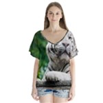 White Tiger V-Neck Flutter Sleeve Top