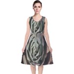 Succulent Green Pink Rosettes V-Neck Midi Sleeveless Dress 