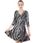 Succulent Green Pink Rosettes Quarter Sleeve Front Wrap Dress