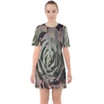 Succulent Green Pink Rosettes Sixties Short Sleeve Mini Dress