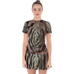 Succulent Green Pink Rosettes Drop Hem Mini Chiffon Dress
