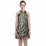 Succulent Green Pink Rosettes Velvet Halter Neckline Dress 