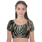 Succulent Green Pink Rosettes Velvet Short Sleeve Crop Top 