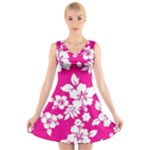 Pink Hawaiian Flowers V-Neck Sleeveless Dress
