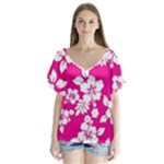 Pink Hawaiian Flowers V-Neck Flutter Sleeve Top