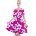 Pink Hawaiian Flowers Quarter Sleeve A-Line Dress