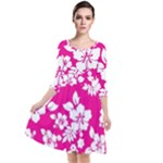 Pink Hawaiian Flowers Quarter Sleeve Waist Band Dress