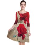 Red Rose Art Quarter Sleeve Waist Band Dress
