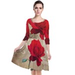 Red Rose Art Quarter Sleeve Waist Band Dress