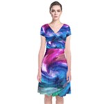 Water Paint Short Sleeve Front Wrap Dress