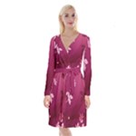 Pink Flower Art Long Sleeve Velvet Front Wrap Dress