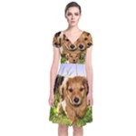 Puppy In Grass Short Sleeve Front Wrap Dress