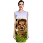 Puppy In Grass Sleeveless Velvet Midi Dress