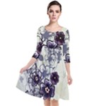 Purple Flower Art Quarter Sleeve Waist Band Dress