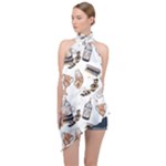 Hufflepuff Pattern Halter Asymmetric Satin Top