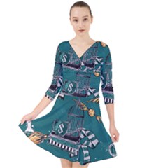 Quarter Sleeve Front Wrap Dress 